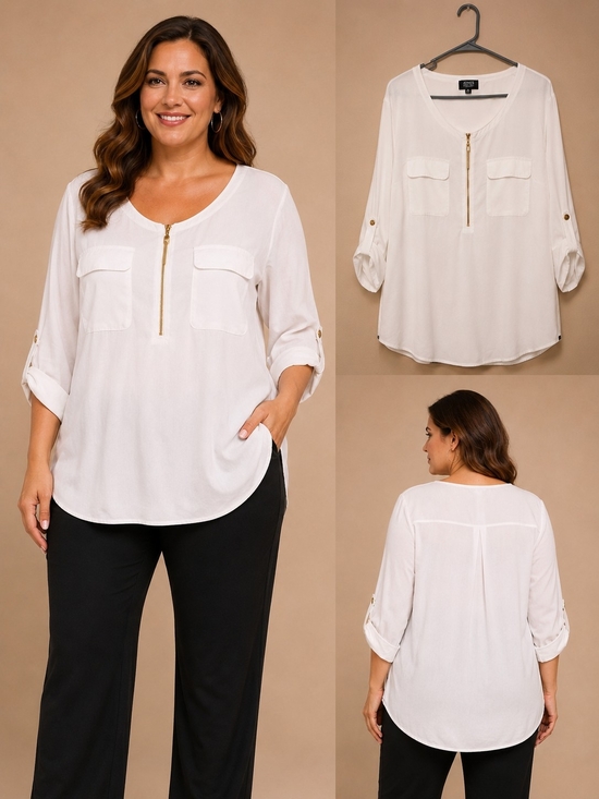 Jones New York Tops - Jones New York White Zip-Pocket Roll-Sleeve Blouse